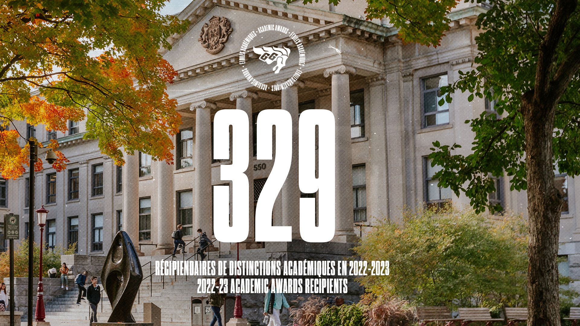 The number 329 is overlaid on a photo of the exterior of uOttawa's Tabaret hall in autumn Thumbnail
