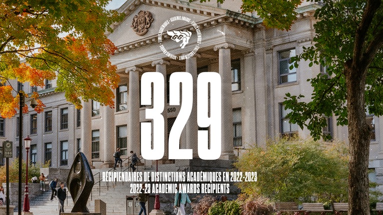 The number 329 is overlaid on a photo of the exterior of uOttawa's Tabaret hall in autumn