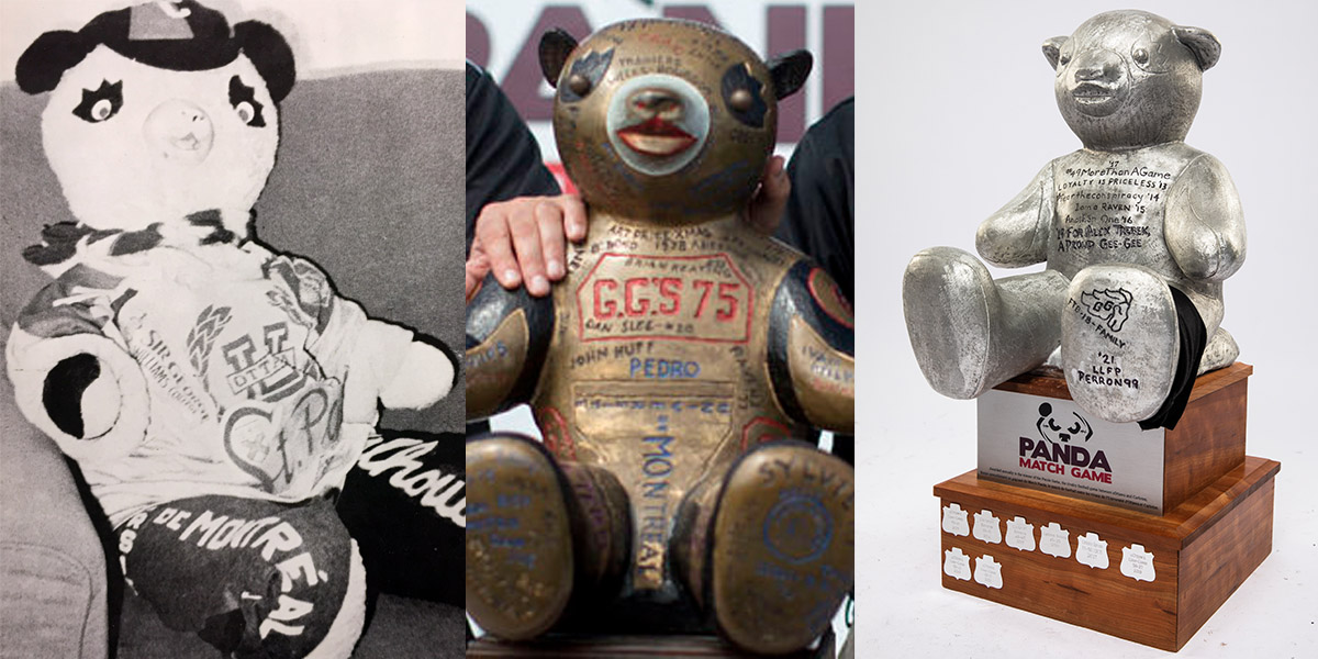A collage showing the three versions of Pedro the Panda, with the oldest stuffed bear on the left, a bronze statue in the middle, and an aluminum statute on the right.