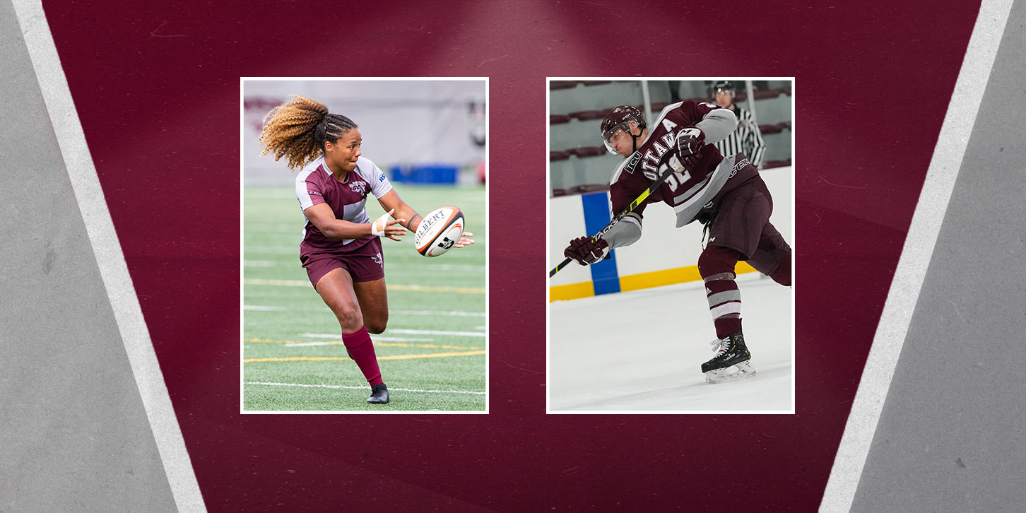 Photos of rugby player Alex Ondo off-loading the ball and hockey player Nicolas Mattinen shooting the puck, in frames on a garnet and grey design backdrop. Thumbnail