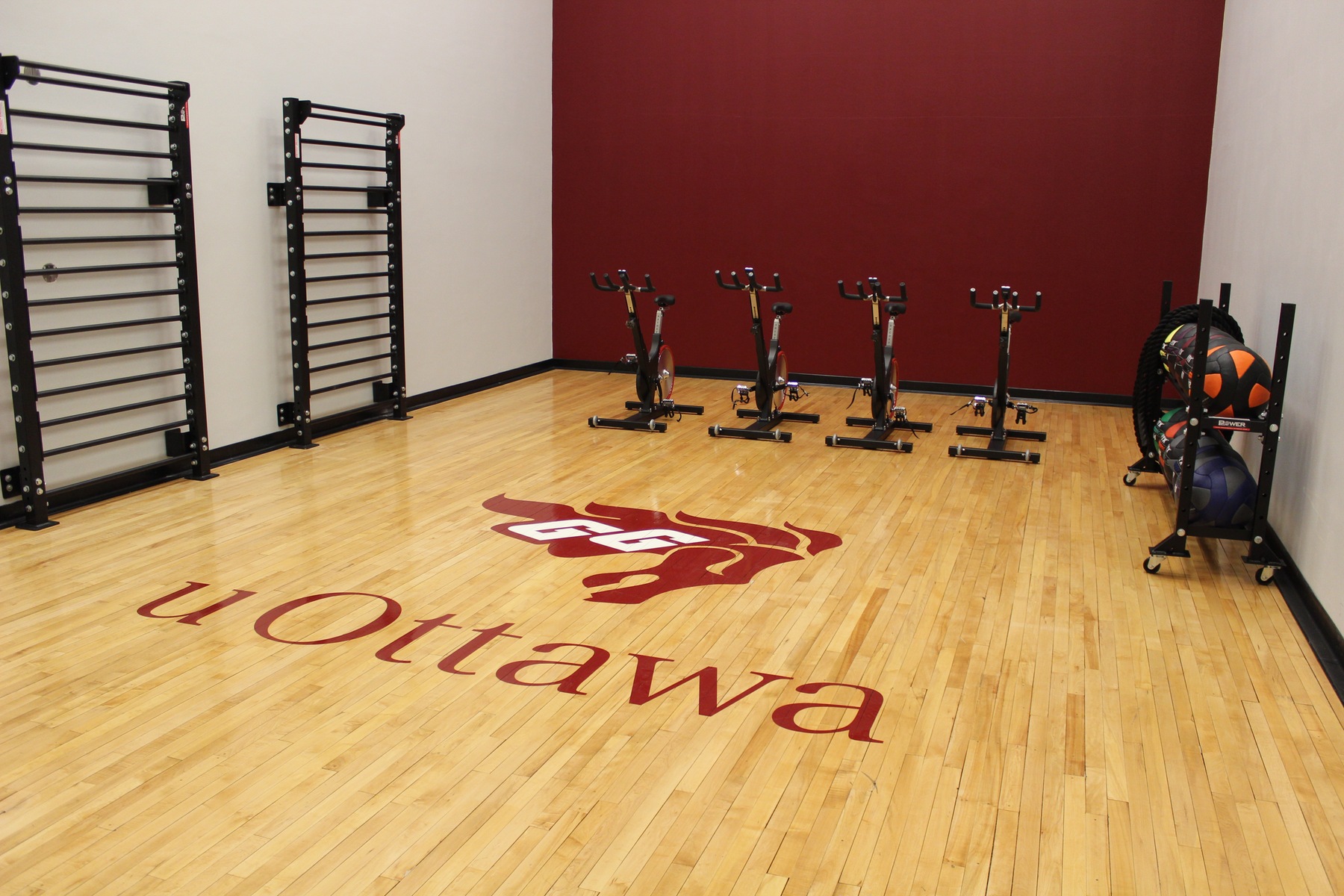 Gee-Gees logo on wooden floor with stationary bikes and wall racks.