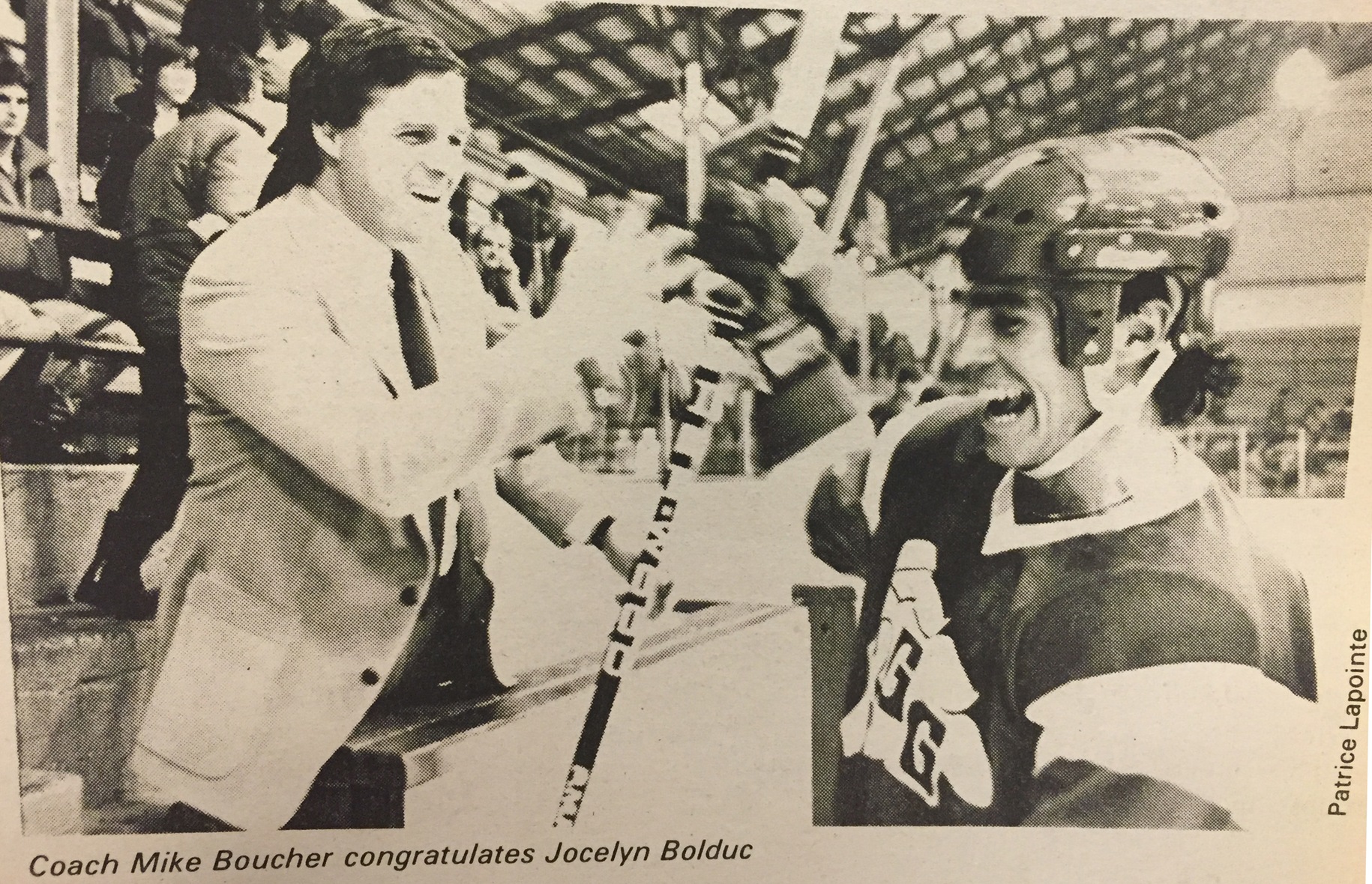 Black and white newspaper clipping with the caption: Coach Mike Boucher congratulates Jocelyn Bolduc. Patrice Lapointe.