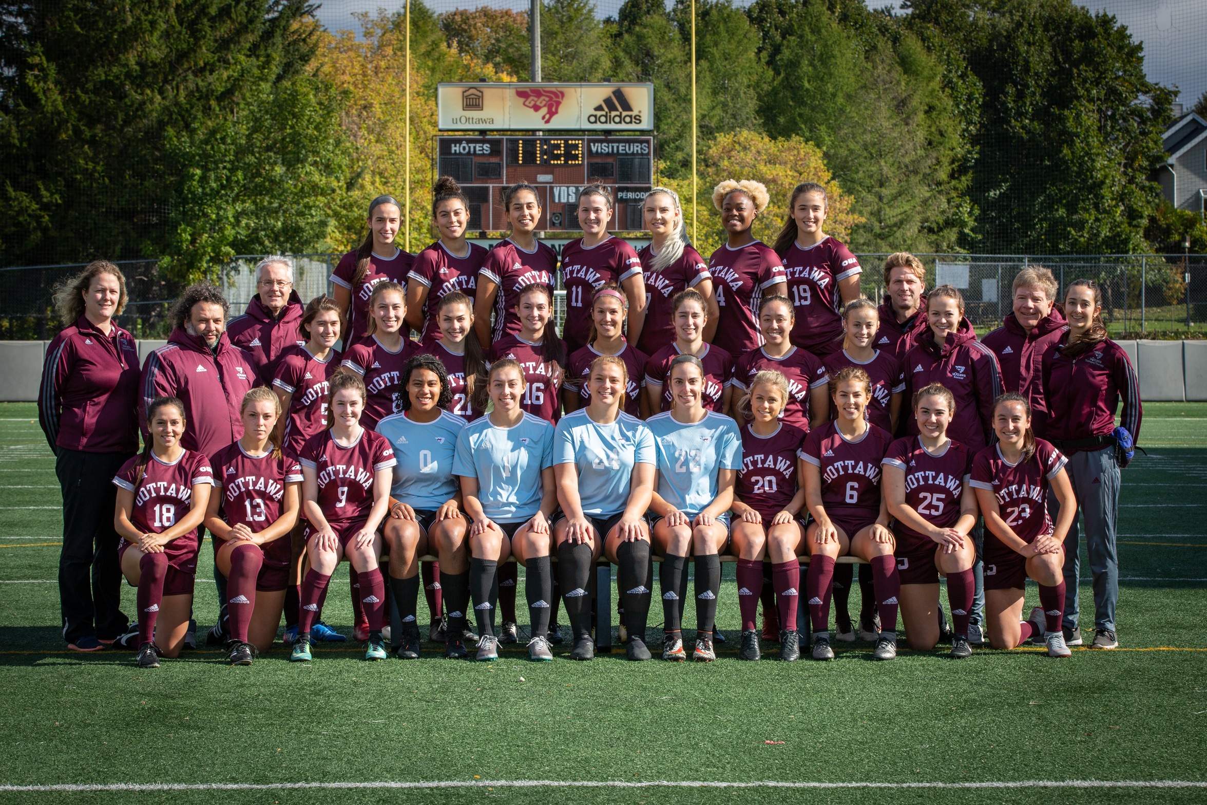 2018 Gee-Gees women's soccer team photo, taken on Matt Anthony Field.