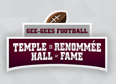 Illustration of half a football above the words Gee-Gees Football Temple de la Renommée Hall of Fame