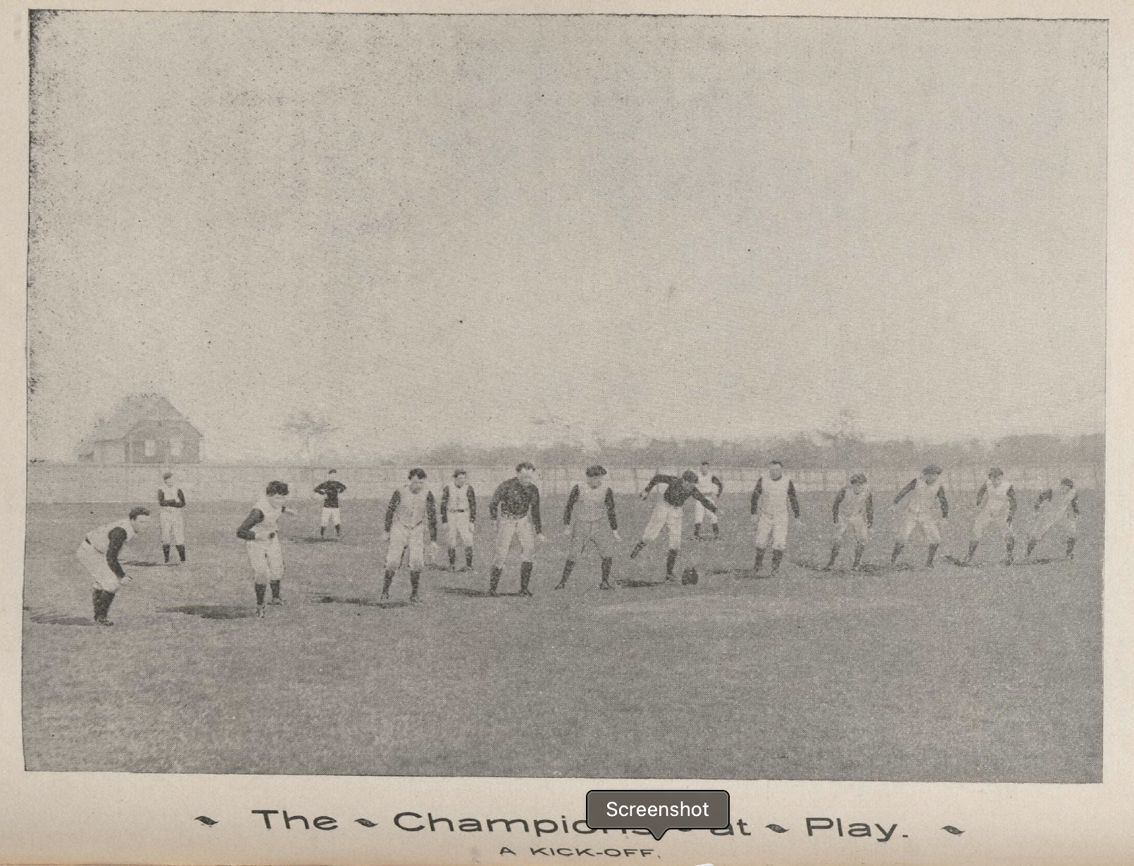 A football team on the field in a line for a kickoff. Text at bottom reads: The Champions at Play. A Kickoff."