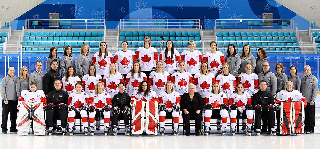 Team photo of Canada's women's hockey team on the ice.