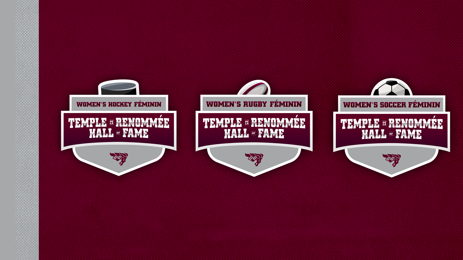 Logo badges for Gee-Gees women's hockey Hall of Fame, Gee-Gees women's rugby Hall of Fame, Gee-Gees women's soccer Hall of Fame. Thumbnail
