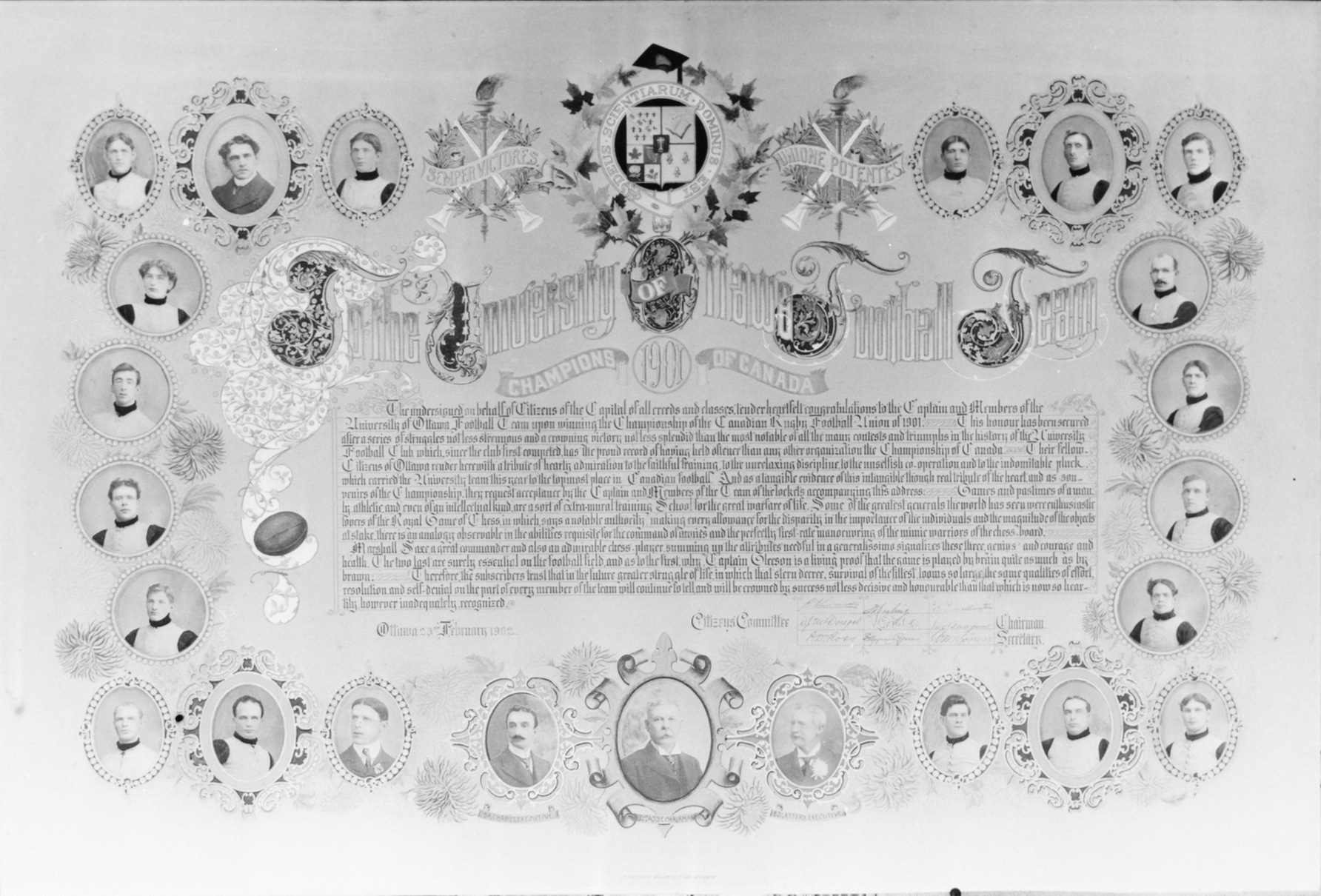 A document which has decorative frames around head and shoulder photos of members of the football team, the university crest, and a rugby football. The title reads "to the university of Ottawa Football Team, champions of Canada 1901".