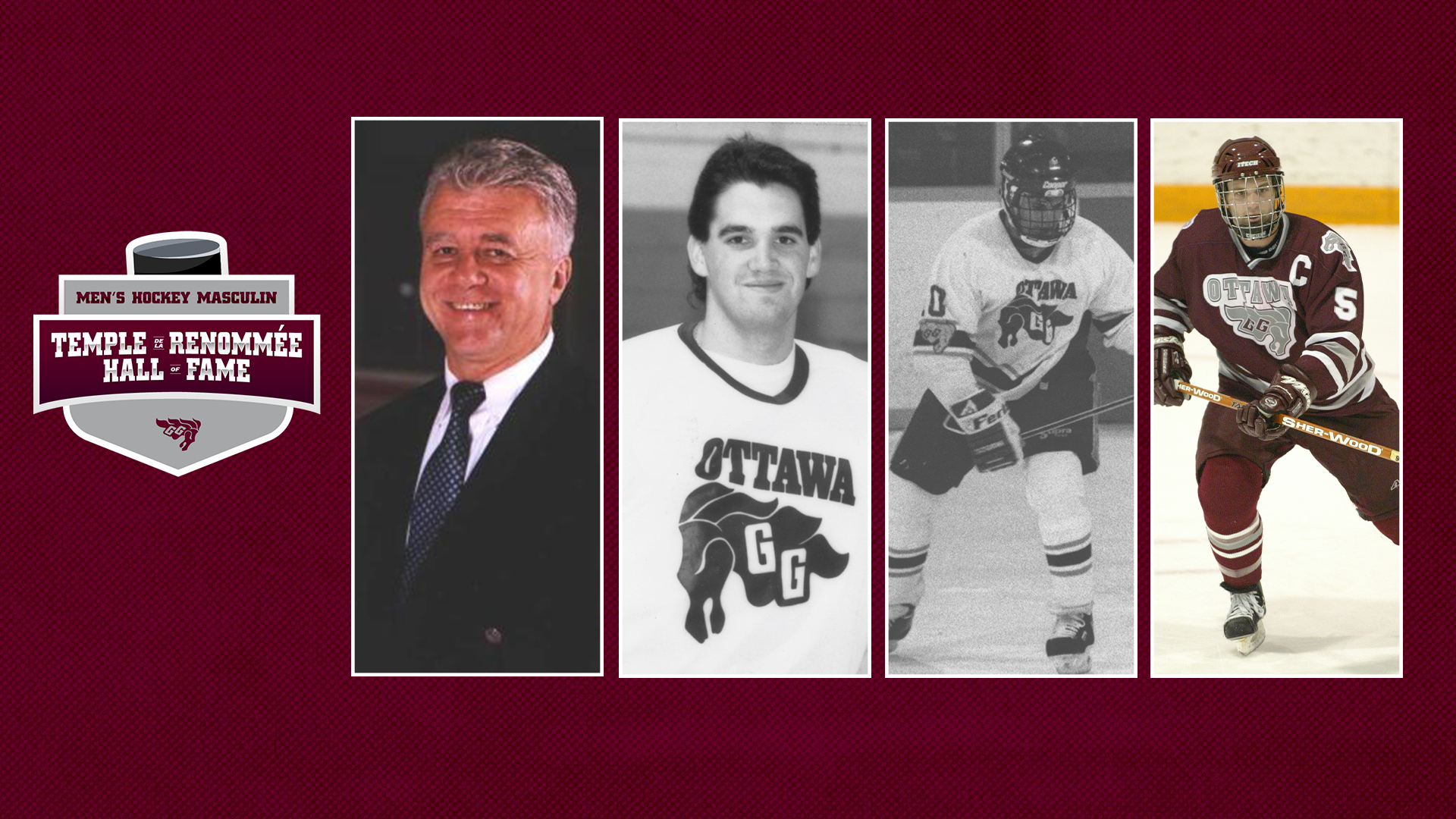 A logo for the Gee-Gees men's hockey hall of fame is flanked by two images of hall of fame inductees, from left to right coach Mickey Goulet wears a dark suit in a portrait photo, Phil Comtois wears a white Gee-Gees jersey in a portrait photo, Jey St. Aubin winds up for a shot wearing a white jersey in an action photo, and Chris Boucher looks up during play, wearing a garnet jersey with the captain's C. Thumbnail