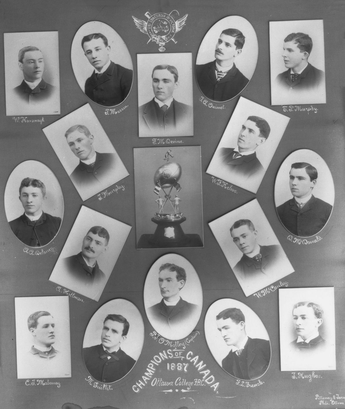 Portraits of individual football players in student clothing around a separate photo of a trophy. Text at bottom reads "Champions of Canada, 1887."