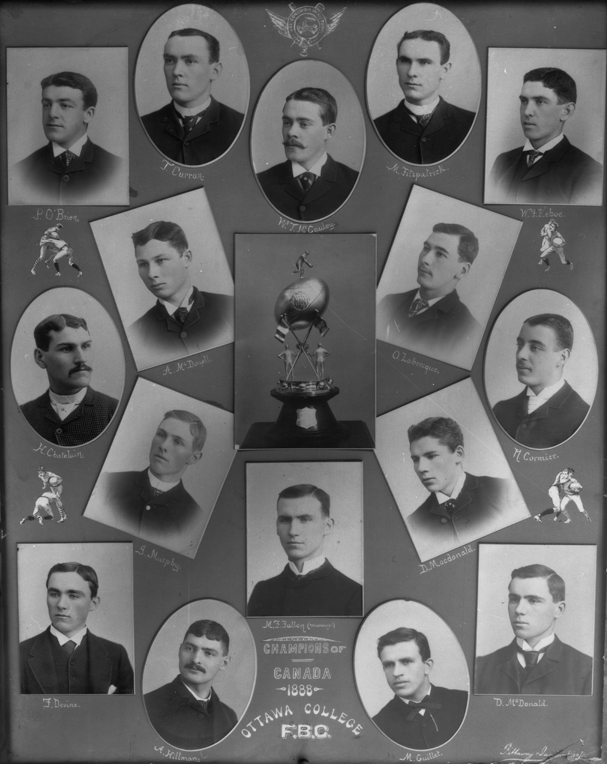 Portraits of individual football players in student clothing, surrounding a central photo of a trophy. Text at bottom reads "Champions of Canada, 1888".